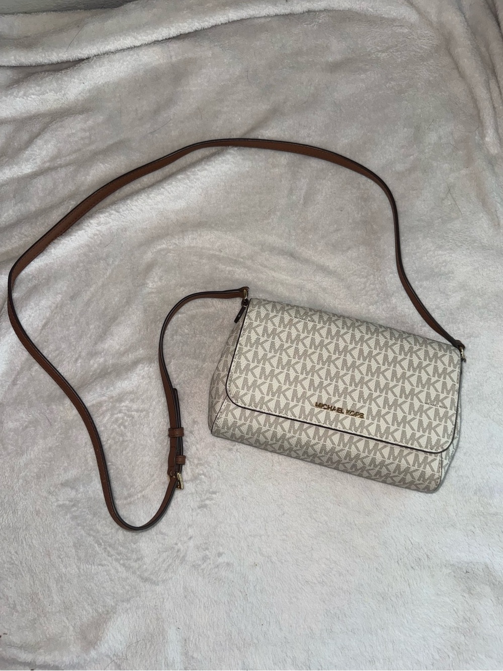 Michael Kors Cream Logo Crossbody with Brown Strap
